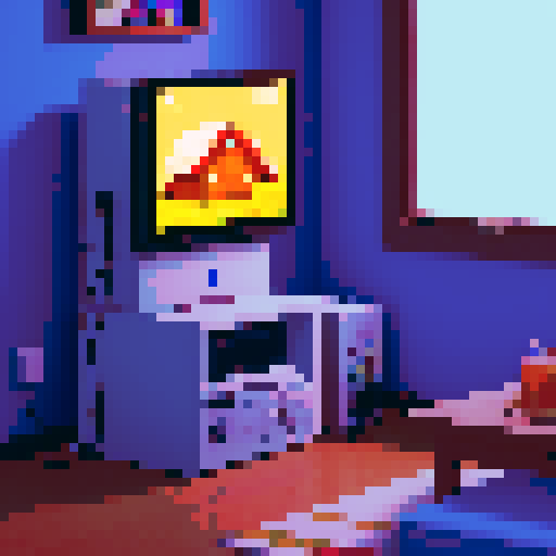 n64 game console in cozy room with the image of a cabin on the screen saying "start"
