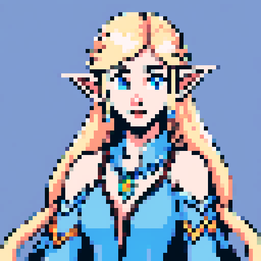 female elf, long blonde hair, blue eyes, shoulders up, pixel art
