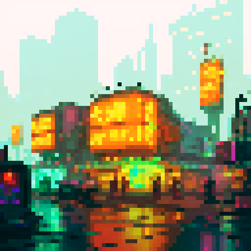 Cyberpunk neon-lit streets, towering skyscrapers, flying hovercars, bustling market stalls, holographic billboards, steam rising from metal grates, vibrant graffiti, glitchy neon signs, rain-soaked cityscape, futuristic androids, glowing cybernetic implants, smoke-filled alleys, flickering streetlights, pixelated shadows, electrified wire fences, abandoned robot junkyards, mirrored glass facades, sRGB color palette