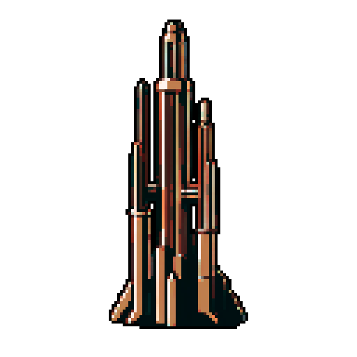 I want a tall vertical copper structure reminiscent of a organ pipe. It should have strange mechanical details that could interlock with each other. I also want this object usable an asset in a videogame, meaning only one object per image, outlined with a strong black stroke, on a solid-color background.