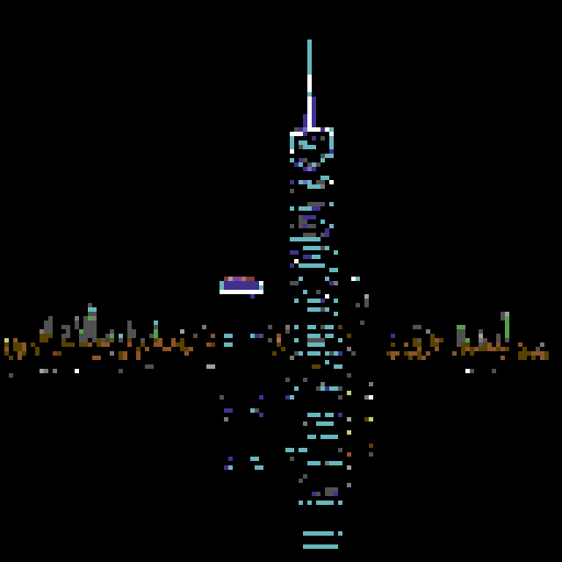 large skyscrapers at night, large dark blue sky, viewed from afar, retro, nostalgic feel