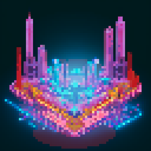 Futuristic colosseum, towering skyscrapers, neon lights, vibrant colors, people wearing futuristic outfits, pixel art
