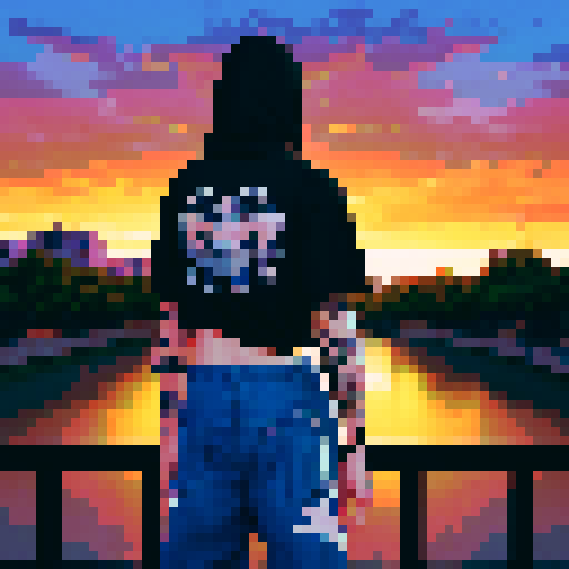 Generate an image of a young couple standing on a bridge at sunset, viewed from behind. The woman has long blonde hair, covered by a black hood, and is wearing a black shirt with the bottom tied at the waist and low-rise black jeans. She has visible tattoos: a simple line drawing of a snake on her arm, and stars and a cartoonish character on her lower back. The man has his t-shirt pulled over his head revealing his back, and is wearing blue and white basketball shorts. He has multiple tattoos: m