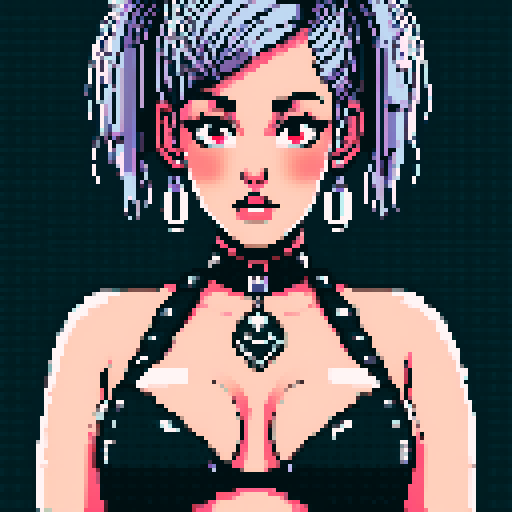 curvy, busty cute goth babe with studded collar, big titty goth wearing studded leather halter top. Large breasts. hair in buns with side bangs.  close up portrait, pixel art, sRGB