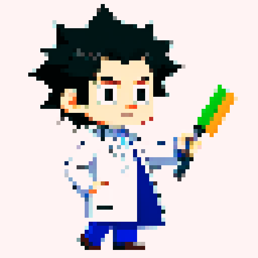 tired-looking, young mad scientist in a lab coat, with unkempt black hair, bags under his eyes, and a neutral tired expression, depicted in a chibi-style pixel art with simplistic features and no shading or eye textures, against a neutral background in sRGB colors
