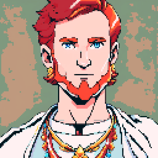 red headed male wizard with regal white robes, adorned with astrological symbols, in a pixel art style with vibrant sRGB colors