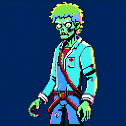 Zombie, strapped to operating table, looking at camera, limbs detached, pixel art, sRGB