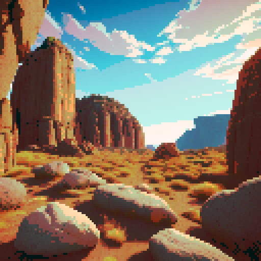 A rocky outdoor battleground with a rugged, flat, and sandy surface in the foreground, angled slightly upward for depth. The bottom-left corner is clear and open for a player's perspective, while the middle-right showcases jagged rocks, scattered boulders, and sparse dry vegetation. The background transitions into distant cliffs and an expansive bright sky, creating a balanced and natural setting for character placement.