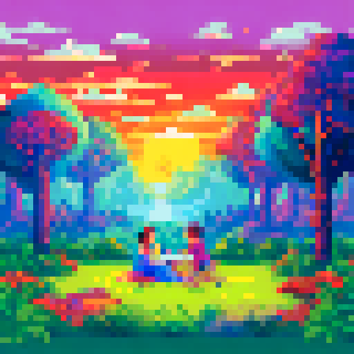 A summer picnic with tress and a sunset
