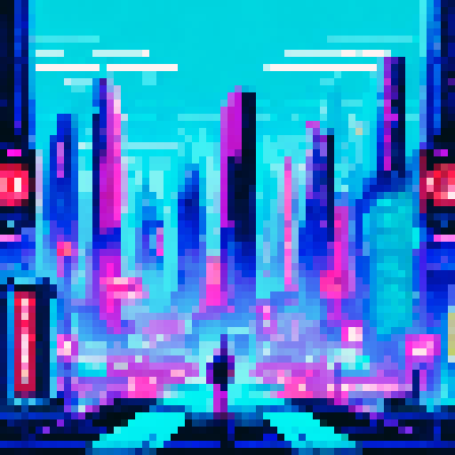 Neon-lit, bustling cyberpunk bar, with retro-futuristic cityscape as a background, showcasing vibrant pixel art characters and sRGB color palette