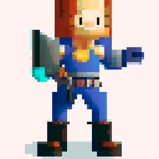 Knight in shining armor, standing tall with auburn locks and piercing blue eyes, brandishing a pixelated sword in his hand as if ready to embark on a journey