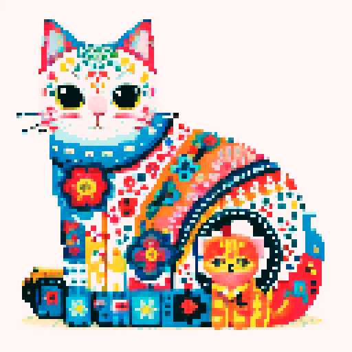 sitting, very colorful cat, with dots, flowers, patterns,  white background