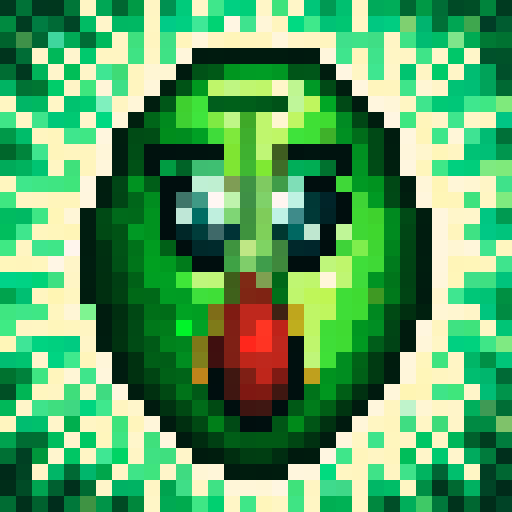 "Pixelated green ant crawls near a red apple in a retro-style game icon close-up portrait, set against a black command terminal screen with code-like details."