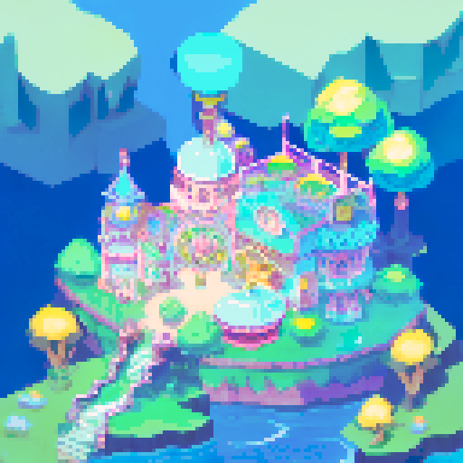 wide shot amusement park, vibrant colors, bustling crowds, whimsical carousel, towering roller coaster, neon signs, ferris wheel in motion, candy-colored stalls, swirling cotton candy, children with balloons, animated characters, pixelated fireworks illuminating the night sky, pixel art style