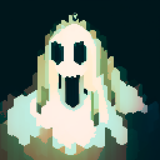 Spectre, hauntingly ethereal, with translucent form, glowing eyes, and flowing cloak, rendered in mesmerizing pixel art
