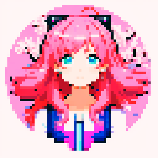 Anime inspired character with vibrant hair, expressive eyes, and a playful smile, surrounded by pixelated cherry blossoms and glowing neon lights, all rendered in the vibrant sRGB color space