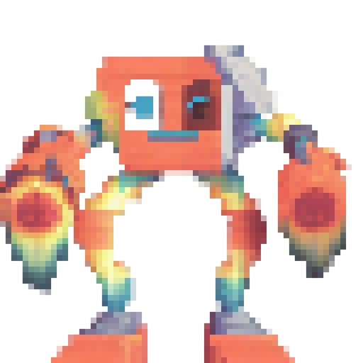 A towering wubbox emits a vibrant, rainbow-colored aura amidst a lush, forested landscape rendered in a retro, 8-bit pixel art style with a sRGB color scheme