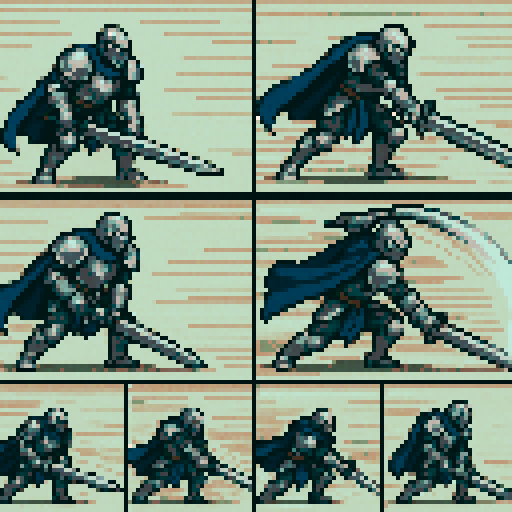 Knight in full silver-gray armor, deep blue cape, swinging large sword, 8 frames: Ready stance, sword tip touching ground, Starting swing, body leaning forward, sword raised back, Full-force slash, body rotating, sword slashing horizontally, Finishing pose, sword chopping lower left corner, pixel art, sRGB, speed line effects, cape fluttering, one knee bent
