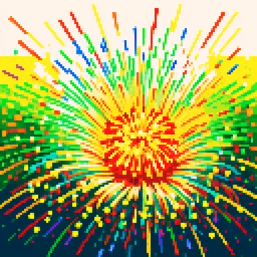Field of vibrant, exploding flower fireworks depicted in pixel art with a vivid sRGB color palette