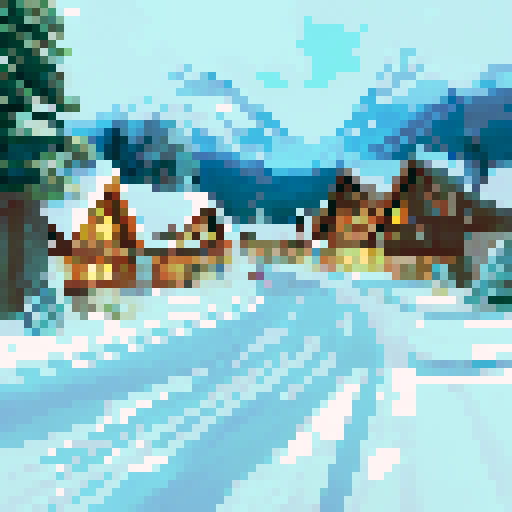 snowy mountain range ski town with a tiny lodge, igloo, campsite, cold, pixel art, sRGB, christmas themed