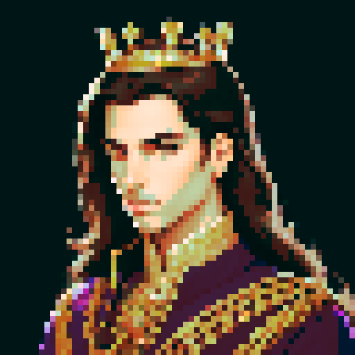prince, regal, crown, majestic, sharp features, solver accents, royal robe, intricate embroidery, game icon, 32x32 pixel art, sRGB, skill art, close up, portrait, detailed