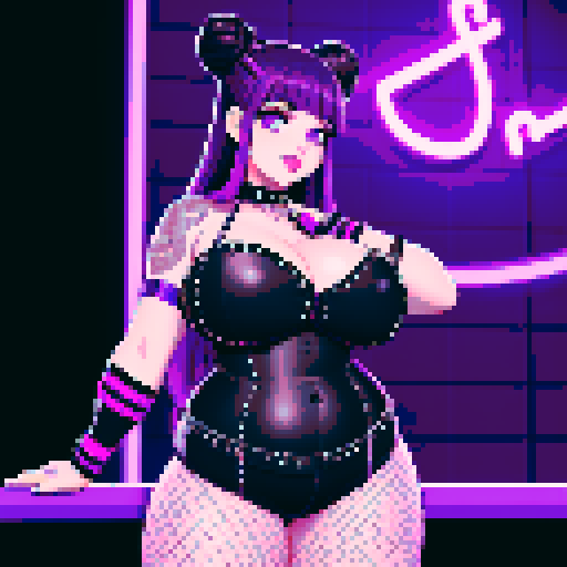 Thicc, curvy, busty goth babe with studded collar, long purple hair in buns, fishnet stockings, studded halter top, posing for photo. neon signage, pixel art, sRGB. 4:5 ratio