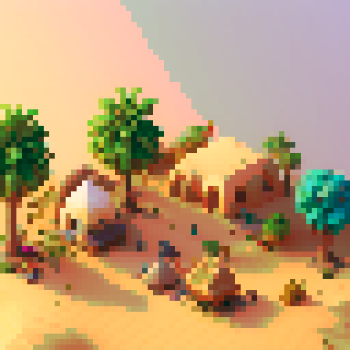 desert village, bustling market, towering sand dunes, colorful rooftops, winding narrow streets, palm trees swaying, vibrant rugs, distant oasis, golden sunsets, sandstone buildings, mosaic patterns, pixel art