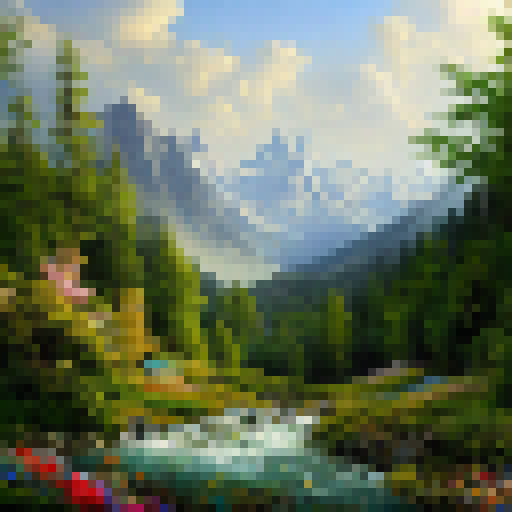 Majestic mountains loom behind a dense, lush forest, surrounded by winding streams and dotted with vibrant wildflowers in a painterly style.