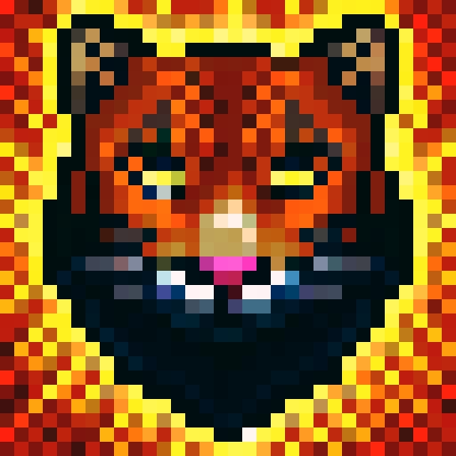 tiger face, game icon, 32x32 pixel art, sRGB, skill art, close up, portrait, fierce expression, vibrant orange fur, piercing yellow eyes, defined black stripes, intense level of detail