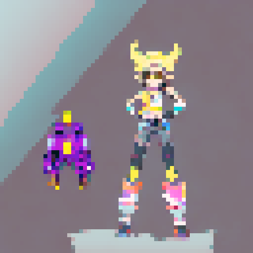 Young blonde girl, with yellow eyes, donning a beige cowboy hat topped with goggles, wearing a white crop top, and sporting a robotic arm, all in 16-bit pixel art with an anime style