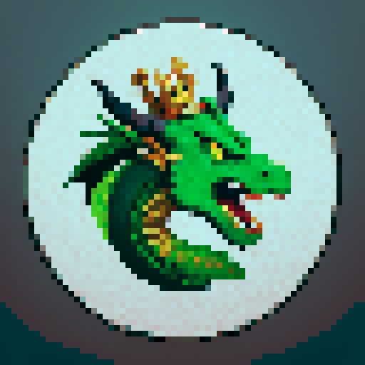 dragon, regal, crown, majestic, green silver accents, intricate embroidery, game icon, 32x32 pixel art, sRGB, skill art, close up, portrait, rage, emerald