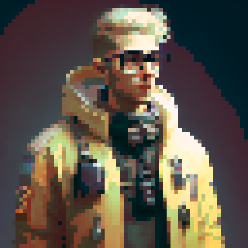 adult male scientist, short blonde hair, parted down the middle, round glasses, World War 2 style, sRGB, pixel art, fantasy RPG