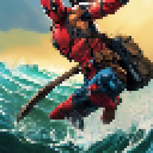 A fierce battle between Deadpool and Spider-Man on a sun-drenched beach, with crashing waves and sand flying in all directions.