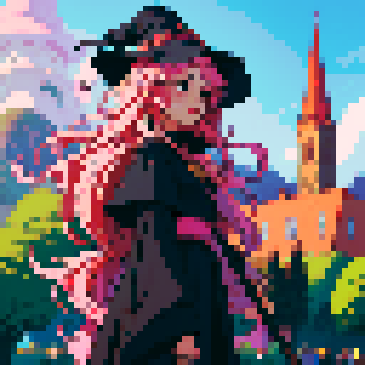 cute witch, long pink hair, staff, witch's hat, witch's dress, pixel art style, sRGB