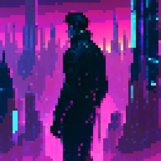 dystopian, cyberpunk, neon-lit, with a touch of retro-futurism, featuring Paul Atreides surrounded by towering holographic skyscrapers, cascading waterfalls of data, and glowing circuitry embedded in his cybernetic arm