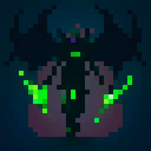 Demon hunter pixel art character, purple background, facing forward, full body, green warglaives in each hand, horns on head, purple skin, demonic glyphs on skin, world of warcraft inspired, game asset