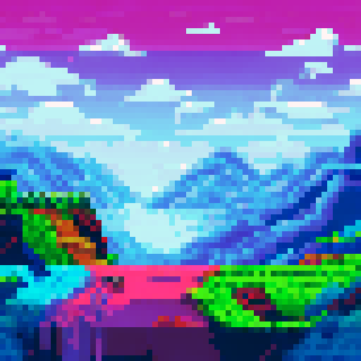 Ninja girl's fierce face, sharp eyes, and flowing hair set against a vibrant, mountainous landscape in pixel art style, with a moody sRGB color scheme and a detailed, textured background