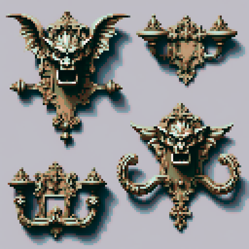 Mechanical pieces from old door knocker and gargoyles. It should be seen as if on a wall, with no perspective, on a solid-color background. There should one be two or three pieces in each frame, it shouldn't be complete.