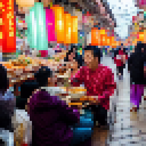 Slurping noodles, chopsticks in hand, a bald man with a bushy mustache enjoys his meal in a bustling Asian street market, surrounded by colorful lanterns and steaming food carts.