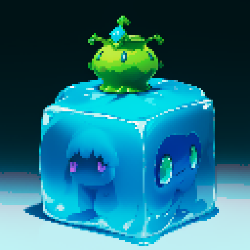 Blue Slime cube, Gelatinous cube, wearing crown, giant Slime, boss fight