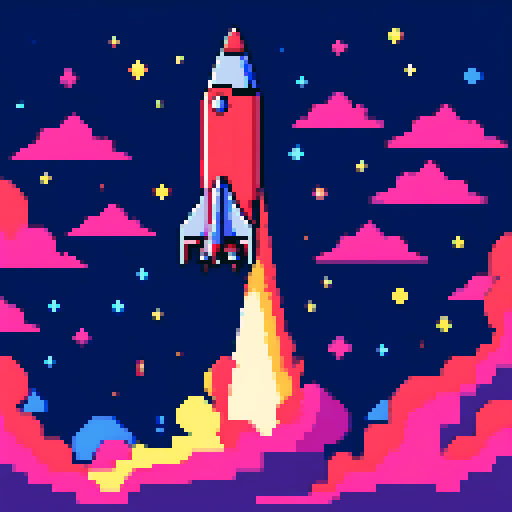 small rocket, pixel art, sRGB, bottom left to top right, vibrant colors, retro feel, exhaust flames, starry background, animated motion lines 4 frames