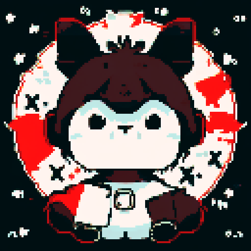 This pixel art image is dominated by a cute bear with an interesting look. Cute stars are painted on his muzzle, which is a mosaic of sharp contrasts and intricate patterns. The whole scene is reminiscent of the retro anime Ergo Proxy. The scene radiates a mysterious night atmosphere, with the bear standing close to the camera as the main character. He is covered with an interesting garment and stars