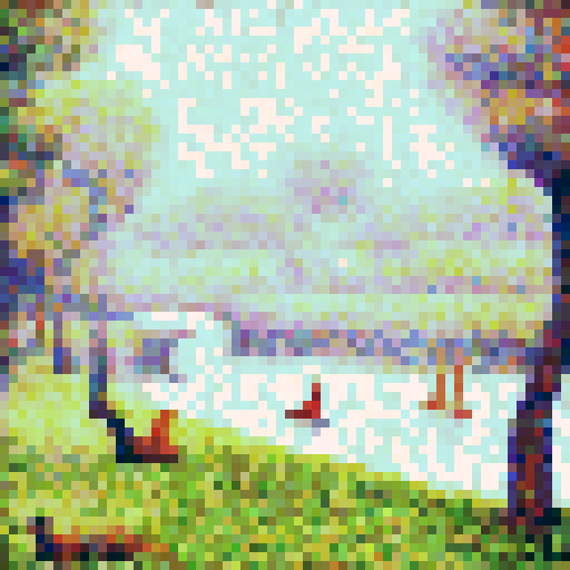 Mimic Georges Seurat’s pointillist technique by translating the details of the image into small, evenly spaced pixels with soft, blended colors. Focus on subtle, muted tones to evoke Seurat’s impressionist style, creating a calm and serene atmosphere. Ensure that the pixelated image reflects the original composition but maintains the abstract, dotted feel of pointillism, while avoiding vivid or harsh colors, opting instead for smooth, harmonious transitions between shades.