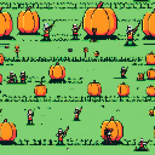 An archery field with a couple of archers shooting at pumpkin targets