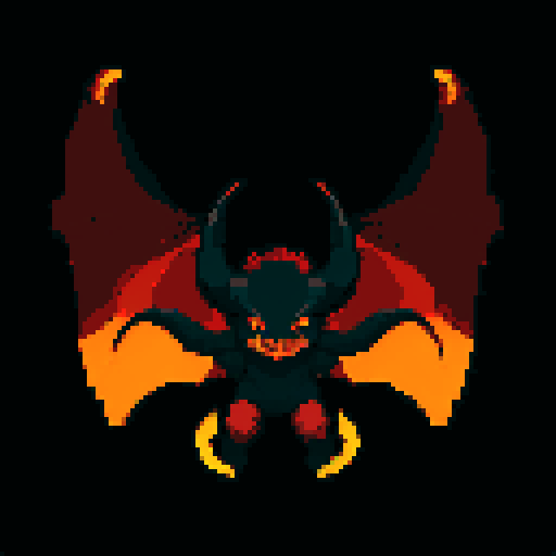 towering demonic figure, massive horns, sharp claws, large bat-like wings, dark red skin, glowing runes, piercing yellow eyes, powerful sinister aura, pixel art, sRGB