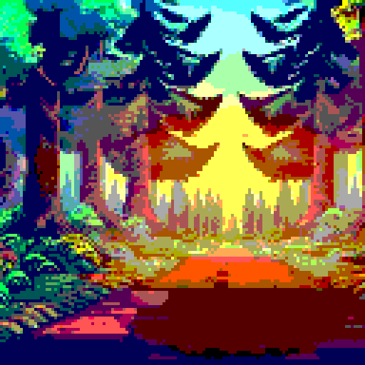 dense giant oak tree forest at dusk, towering trees, dappled sunrays, dirt road, long shadows, first person view looking ahead, wide angle shot