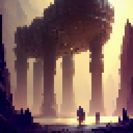 "Craft a concept art of a towering, golem-like industrial security structure guarding a glittering, subterranean mine in a fantastical RPG world of towering mountains, lava rivers, and steam-filled skies for the engineering of industrial and mining safety purposes."