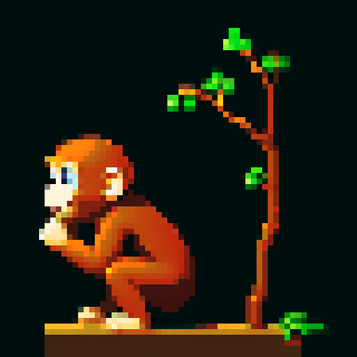 little monkey holding branch, wooden organ monkey squatting, staring at people, pixel art, sRGB