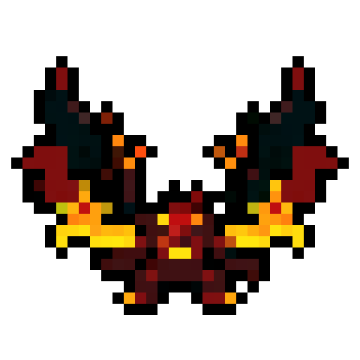 A larger, more formidable fire demon with intense flames engulfing its body, large wings, and glowing yellow eyes. It radiates heat and has a fierce, intimidating expression. No background.

