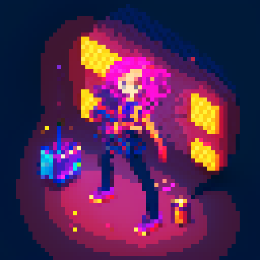 Street Mage anime girl with flowing hair, fluorescent tattoos, and a pixelated sniper rifle, navigating through a purple neon-lit night market and an sRGB glow